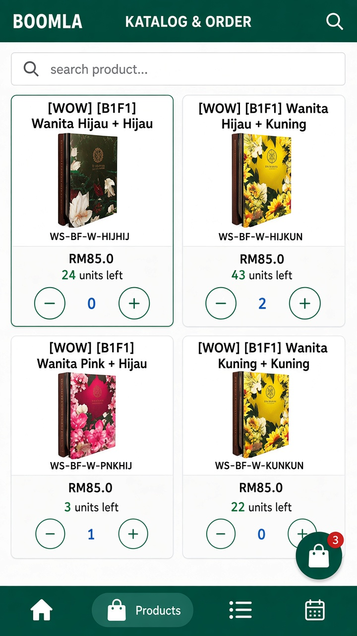 Skrin app ejen: jualan harian dan katalog produk