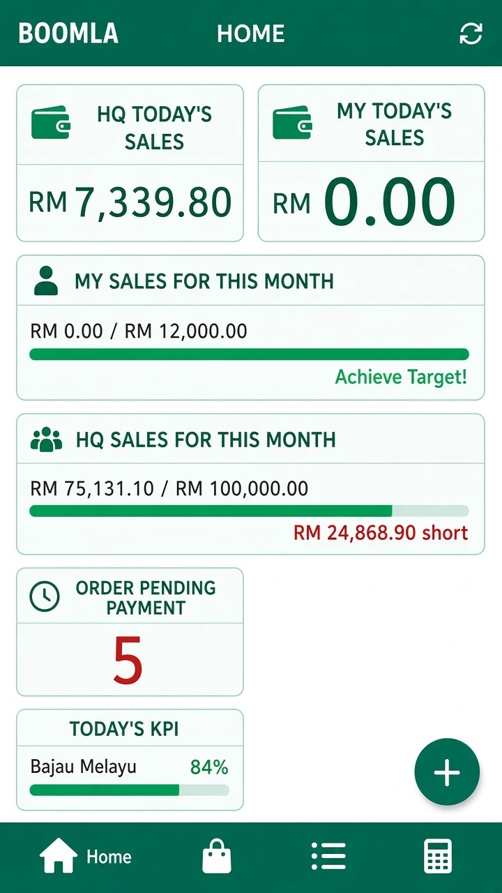 Skrin app ejen: jualan harian dan katalog produk