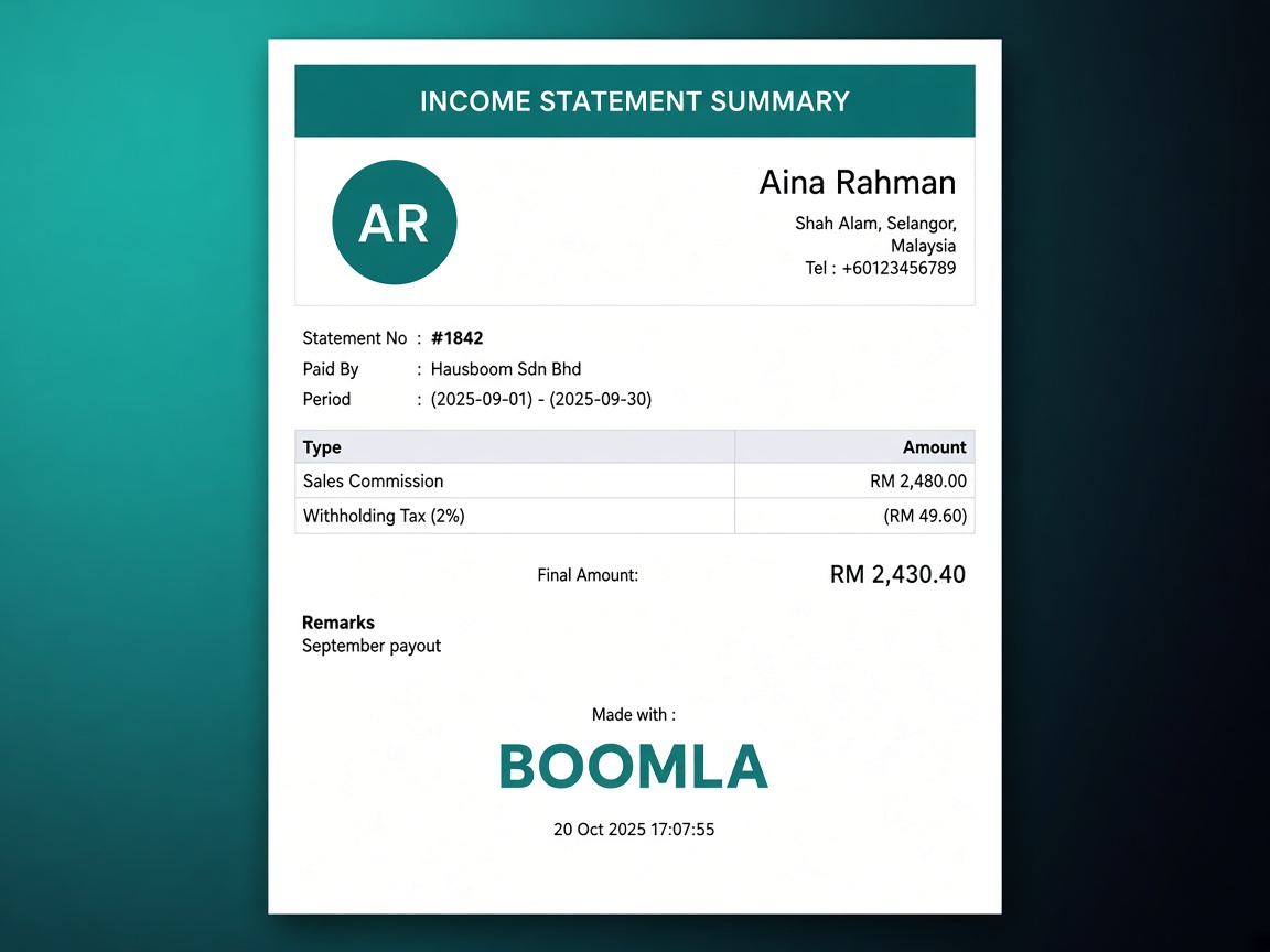Contoh Income Statement Summary komisen ejen BOOMLA
